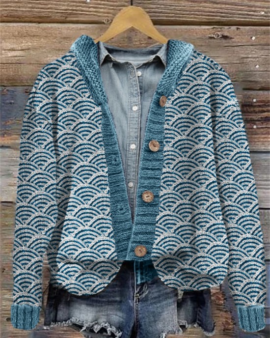 Japanese Sea Waves Inspired Knit Art Hooded Cardigan