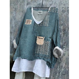 Retro Sashiko Cats Japanese Art Patchwork Linen Blend Tunic