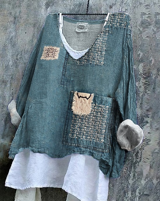 Retro Sashiko Cats Japanese Art Patchwork Linen Blend Tunic