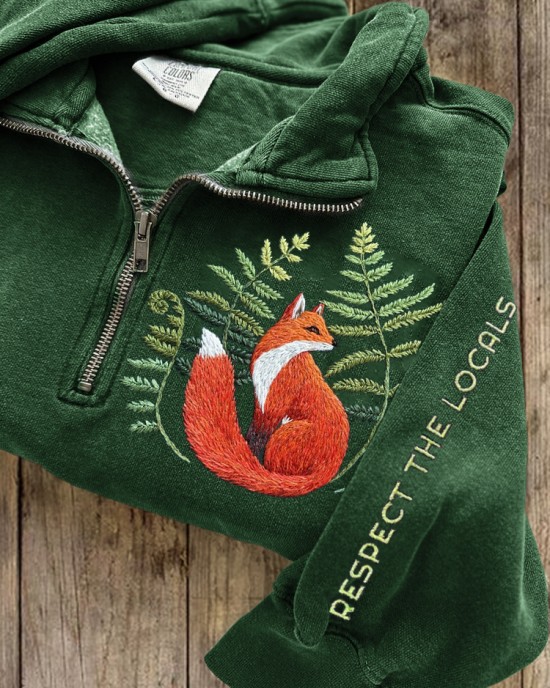 Respect The Locals Fox Fern Embroidered Zip Up Sweatshirt Respect The Locals Fox Fern Embroidered Zip Up Sweatshirt
