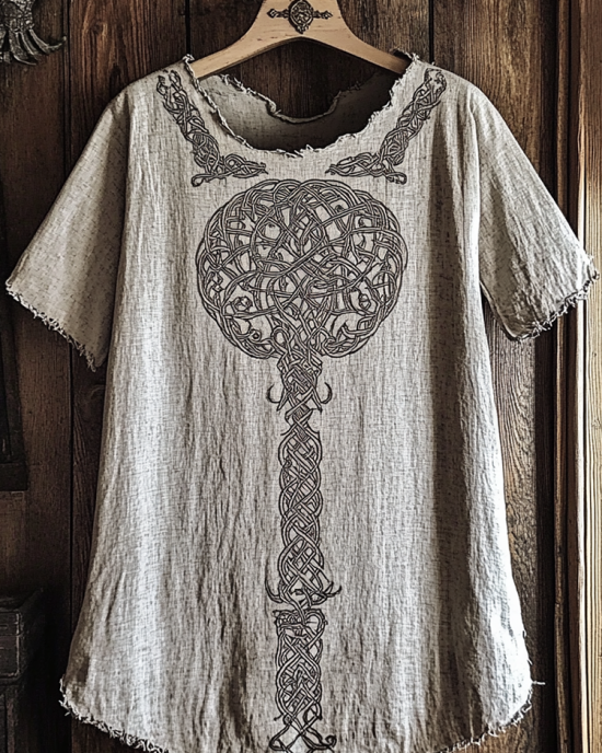 Women's Viking Tribal Tree Of Life Print Linen T-shirt Women's Viking Tribal Tree Of Life Print Linen T-shirt