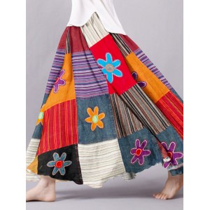 Vintage Bohemian Floral Geometric Patchwork Linen Skirt