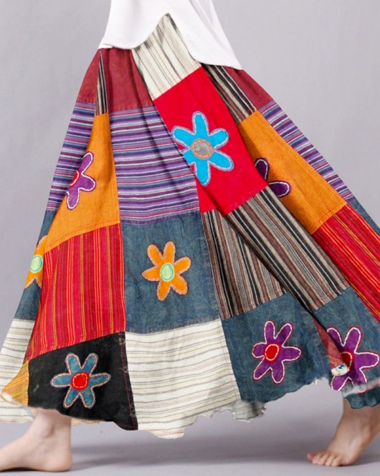 Vintage Bohemian Floral Geometric Patchwork Linen Skirt Vintage Bohemian Floral Geometric Patchwork Linen Skirt