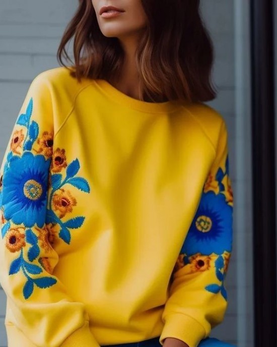 Ukraine Ethnic Floral Contrast Color Sweatshirt