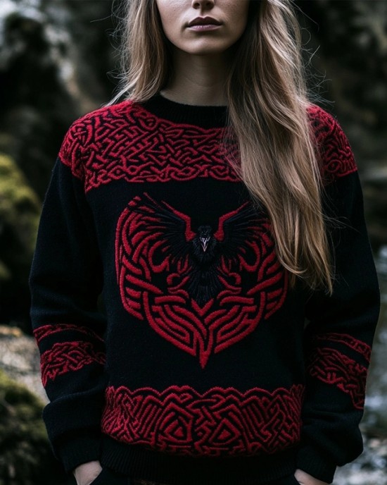 Viking Raven Inspired Jacquard Retro Crew Neck Cozy Sweater