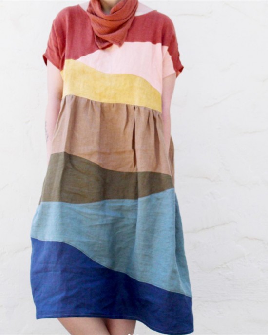 Colorful Earthy Landscape Patchwork Linen Dress Colorful Earthy Landscape Patchwork Linen Dress