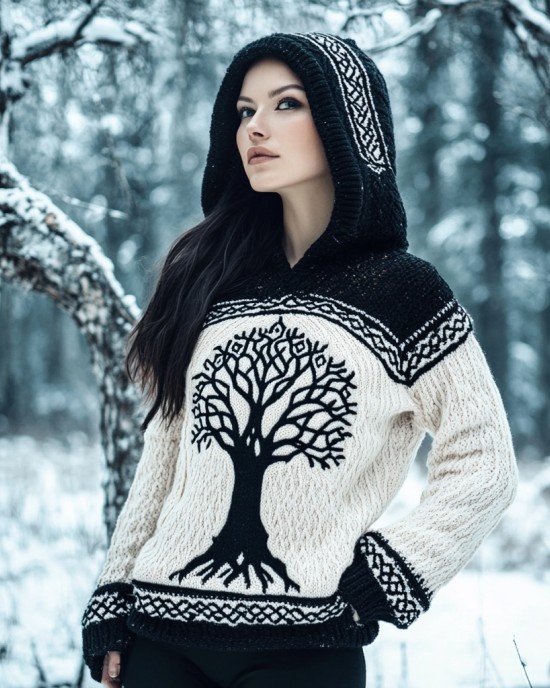Women's Viking Tree Of Life Contrast Jacquard Cozy Knit Hooded Sweater Women's Viking Tree Of Life Contrast Jacquard Cozy Knit Hooded Sweater