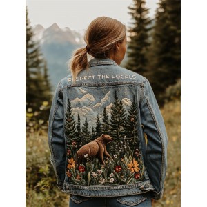 Respect The Locals Bear Landscape Embroidered Denim Jacket