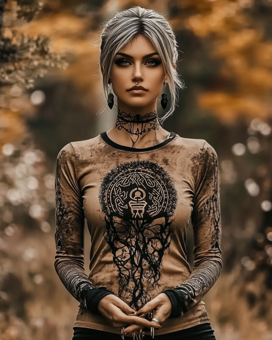 Vintage Viking Mystery Pattern Print Long Sleeve T-shirt