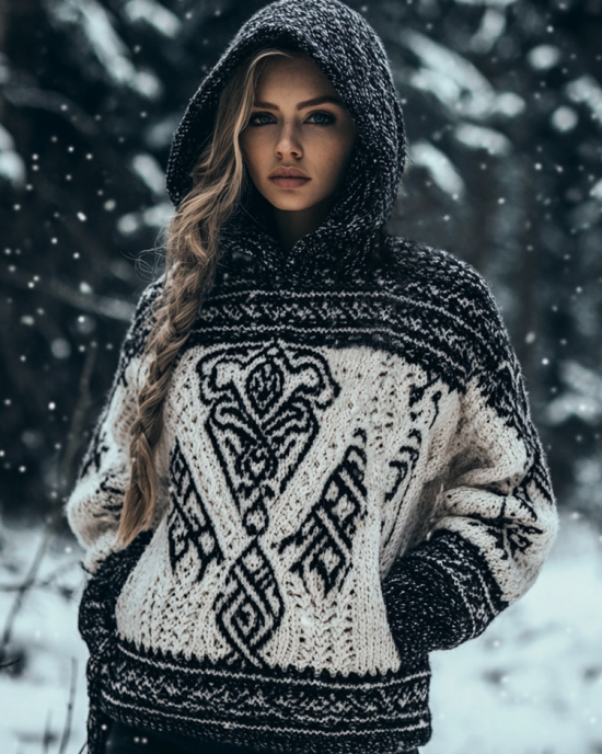 Women's Viking Totem Celtic Knot Hooded Pocket Sweater Women's Viking Totem Celtic Knot Hooded Pocket Sweater