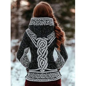 Women's Viking Style Color Block Knitted Jacquard Hooded Sweater