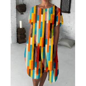 Retro Color Block Abstract Art Linen Blend Midi Dress