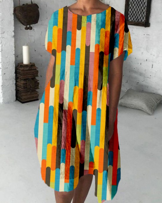 Retro Color Block Abstract Art Linen Blend Midi Dress Retro Color Block Abstract Art Linen Blend Midi Dress