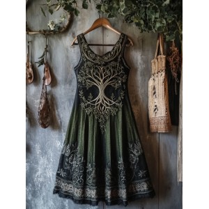 Vintage Tribal Celtic Knot Life Of Tree Lace Patchwork Art Linen Tank Dress