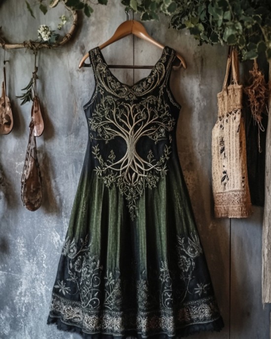 Vintage Tribal Celtic Knot Life Of Tree Lace Patchwork Art Linen Tank Dress