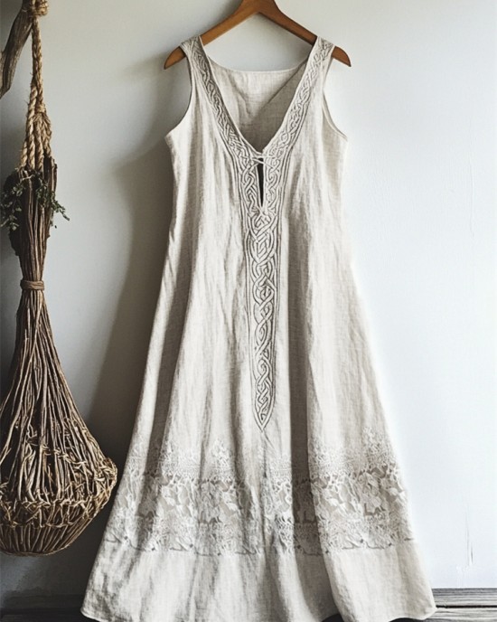 Vintage Celtic Knot Lace Patchwork Linen Tank Dress