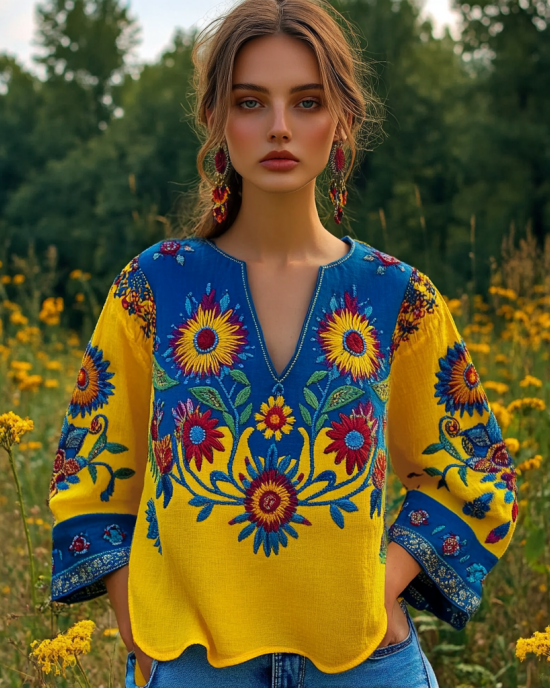 Ukrainian Folk Floral Embroidery V-neck Linen Shirt Ukrainian Folk Floral Embroidery V-neck Linen Shirt