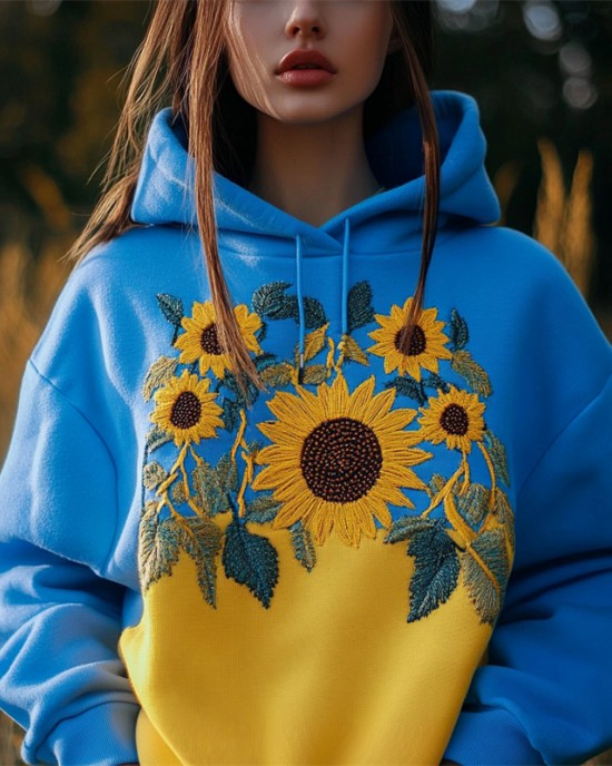 Ukraine Sunflowers Embroidered Contrast Color Hoodie