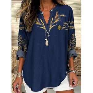 Women's Ukrainian Wheat Art Linen V-neck Shirt