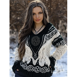 Women's Viking Rune Knit Jacquard V-neck Sweater