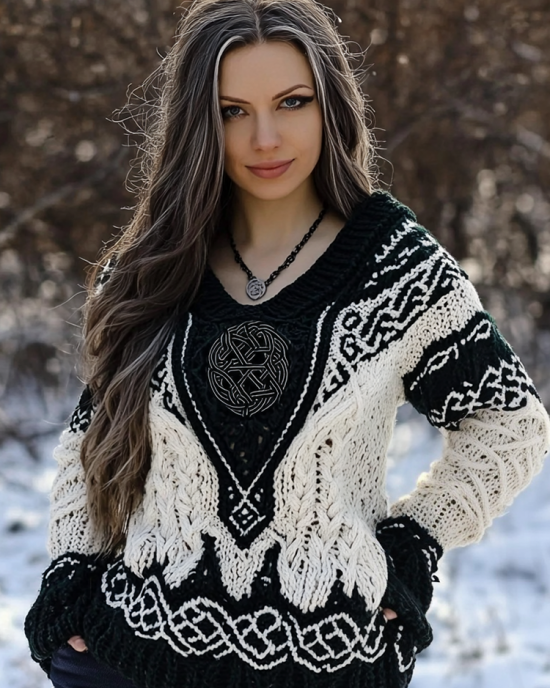 Women's Viking Rune Knit Jacquard V-neck Sweater
