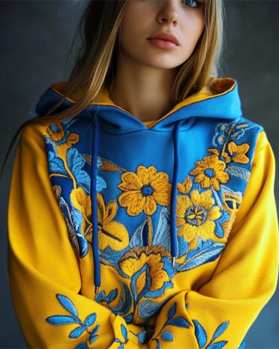 Ukraine Ethnic Floral Embroidered Contrast Color Hoodie Ukraine Ethnic Floral Embroidered Contrast Color Hoodie