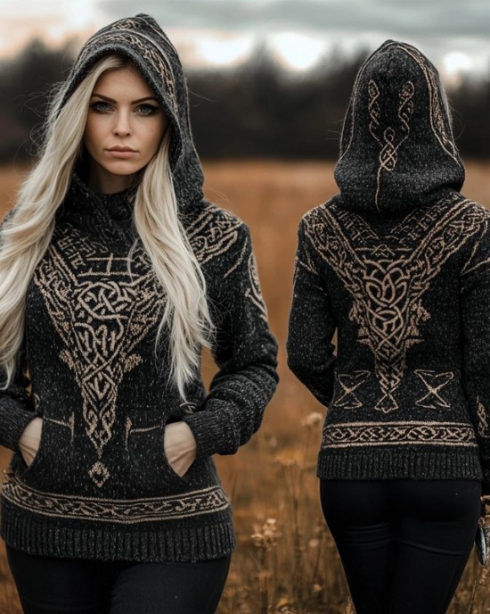 Vintage Viking Vegvisir Celtic Jacquard Hooded Sweater Vintage Viking Vegvisir Celtic Jacquard Hooded Sweater