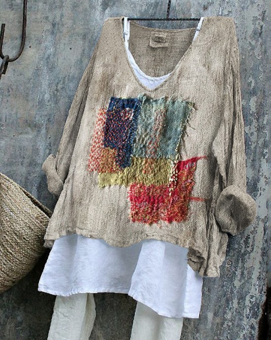 Colorful Patch Japanese Sashiko Art Linen Blend Tunic Colorful Patch Japanese Sashiko Art Linen Blend Tunic