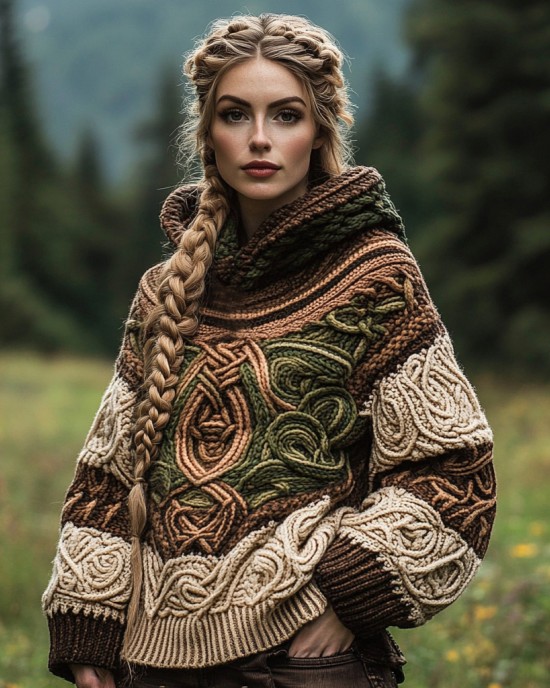 Women's Vintage Celtic Knot Jacquard Hooded Sweater Women's Vintage Celtic Knot Jacquard Hooded Sweater