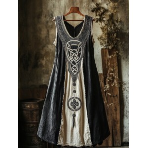 Tribal Celtic Embroidery Patchwork Art Linen Tank Dress