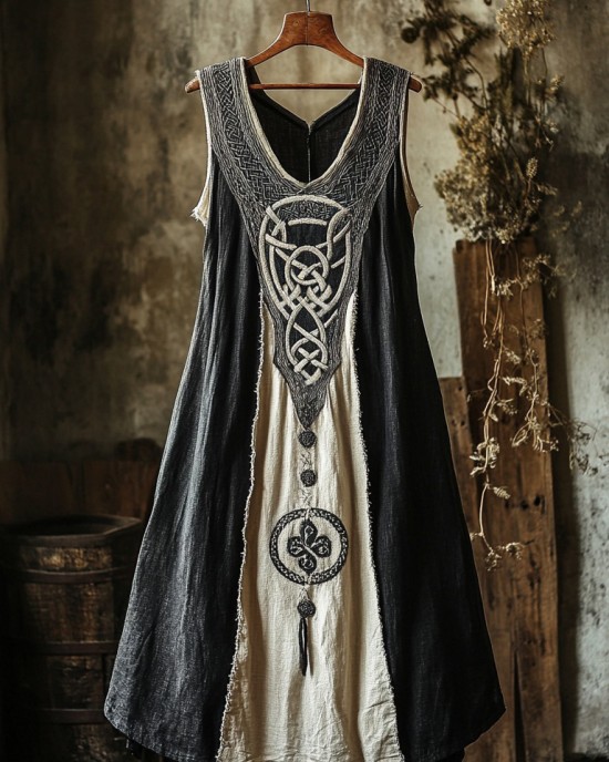 Tribal Celtic Embroidery Patchwork Art Linen Tank Dress Tribal Celtic Embroidery Patchwork Art Linen Tank Dress