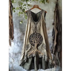 Tribal Life Of Tree Celtic Embroidery Art Linen Tank Dress