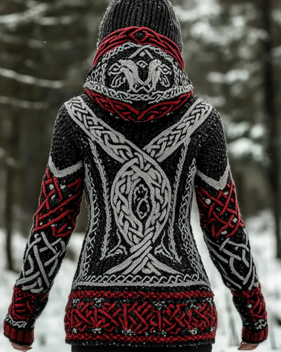 Women's Viking Style Knitted Jacquard Hooded Cardigan Sweater Women's Viking Style Knitted Jacquard Hooded Cardigan Sweater