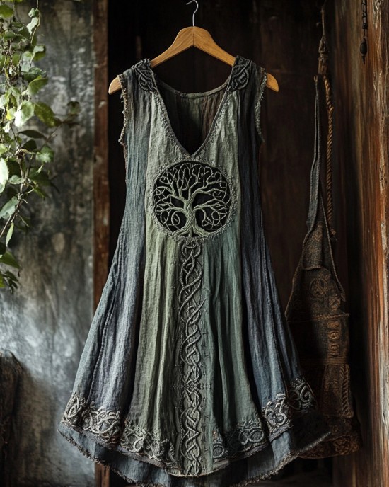Tribal Viking Colorful Gradient Tree Of Life Lace Art Linen Tank Dress