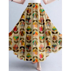 Retro Color Block Flowers  Abstract Art Linen Blend Skirt