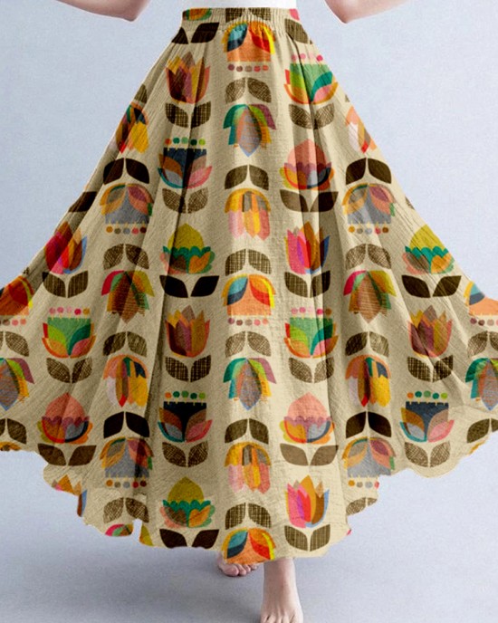 Retro Color Block Flowers  Abstract Art Linen Blend Skirt