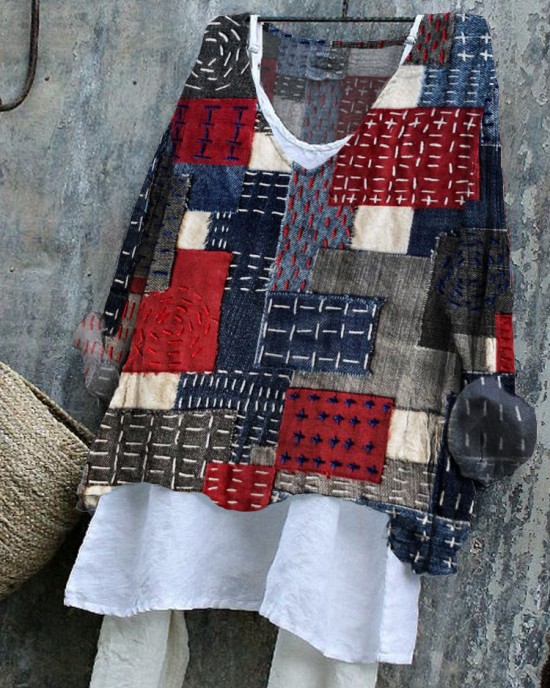 Japanese Sashiko Art Stitched Linen Blend Tunic Japanese Sashiko Art Stitched Linen Blend Tunic