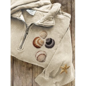 Beach Seashells & Starfish Embroidered Zip Up Sweatshirt