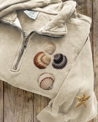 Beach Seashells & Starfish Embroidered Zip Up Sweatshirt