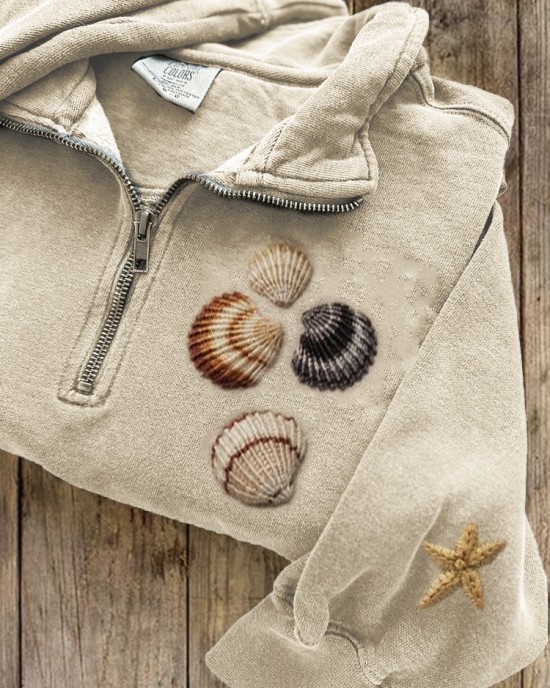 Beach Seashells & Starfish Embroidered Zip Up Sweatshirt Beach Seashells & Starfish Embroidered Zip Up Sweatshirt