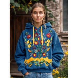 Ukrainian Folk Floral Embroidered Vintage Comfy Hoodie