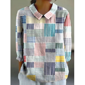 Women's Abstract Geometric Line Art Print Design Lapel Shirt