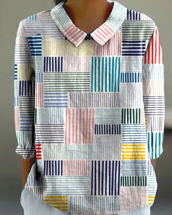 Women's Abstract Geometric Line Art Print Design Lapel Shirt Women's Abstract Geometric Line Art Print Design Lapel Shirt