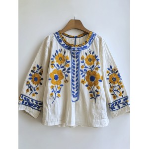 Ethnic Floral Embroidery Art Women's Linen Shirt