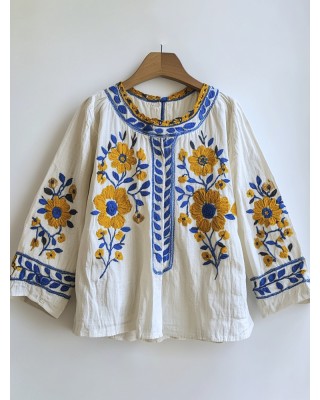 Ethnic Floral Embroidery Art Women's Linen Shirt