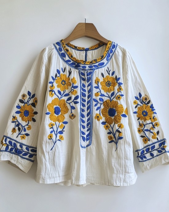 Ethnic Floral Embroidery Art Women's Linen Shirt Ethnic Floral Embroidery Art Women's Linen Shirt