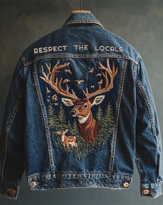 Respect The Locals Forest Deer Embroidered Denim Jacket Respect The Locals Forest Deer Embroidered Denim Jacket