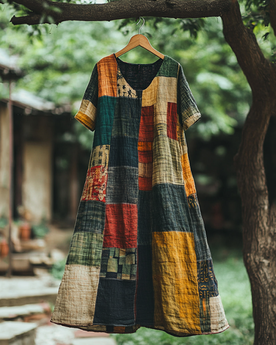 Vintage Color Block V Neck Linen Blend Midi Dress Vintage Color Block V Neck Linen Blend Midi Dress