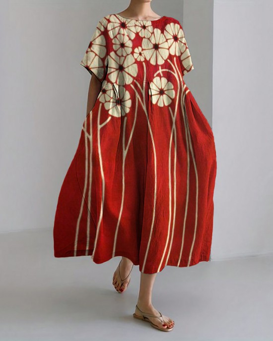 Classy Flowers Japanese Art Linen Blend Maxi Dress