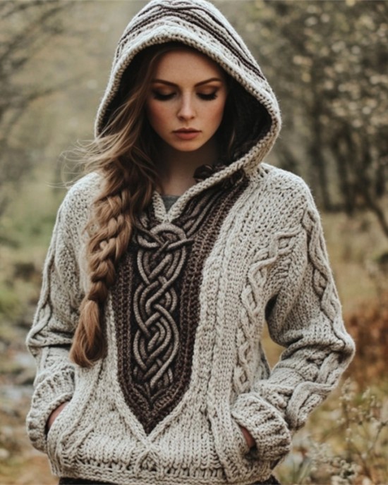 Vintage Celtic Contrast Color Chunky Cozy Hooded Sweater